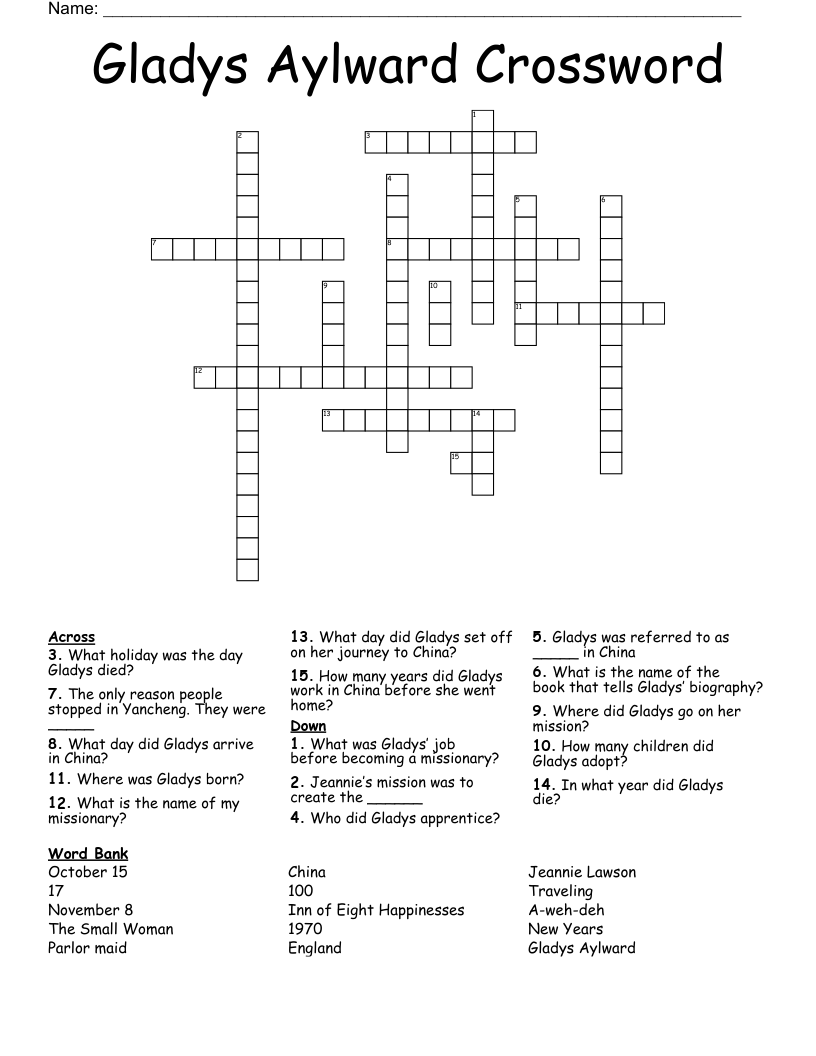 Gladys Aylward Crossword