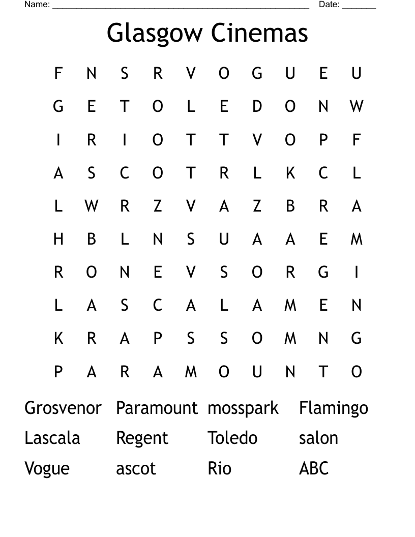 Glasgow Cinemas Word Search