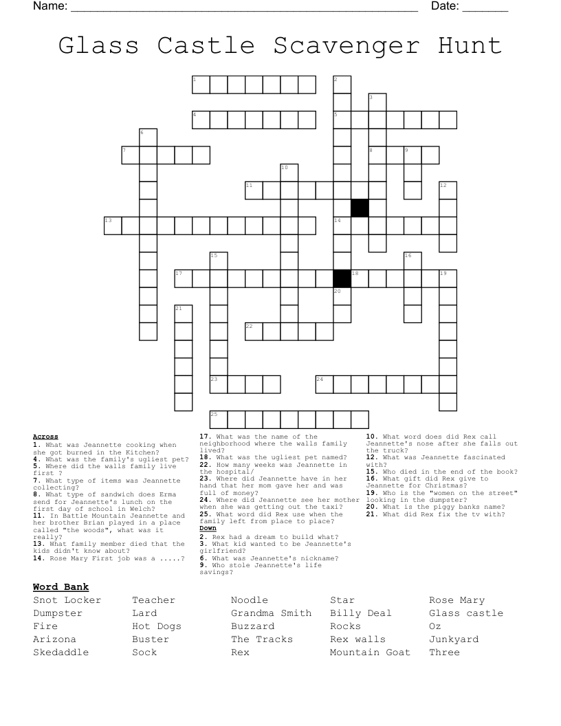 Glass Castle Scavenger Hunt Crossword