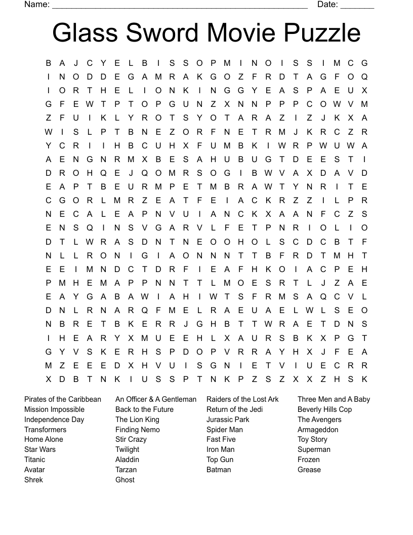 Glass Sword Movie Puzzle Word Search