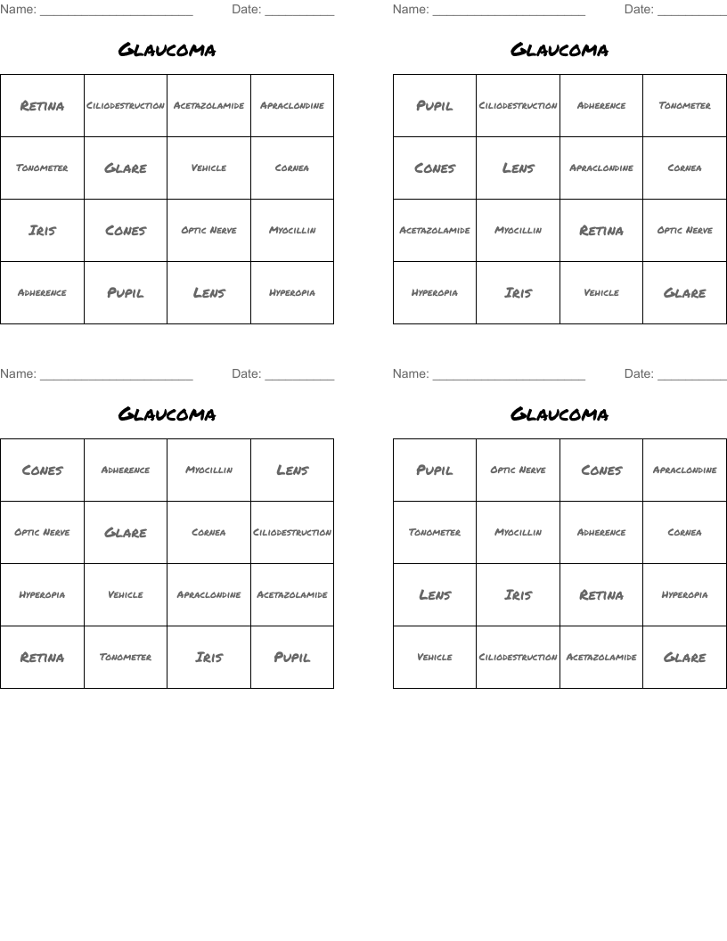 Glaucoma Bingo Cards