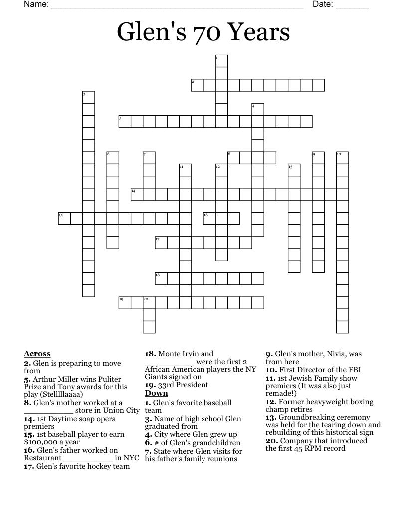 Glen's 70 Years Crossword