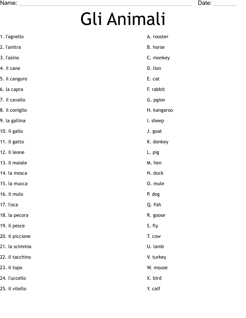 Gli Animali Worksheet
