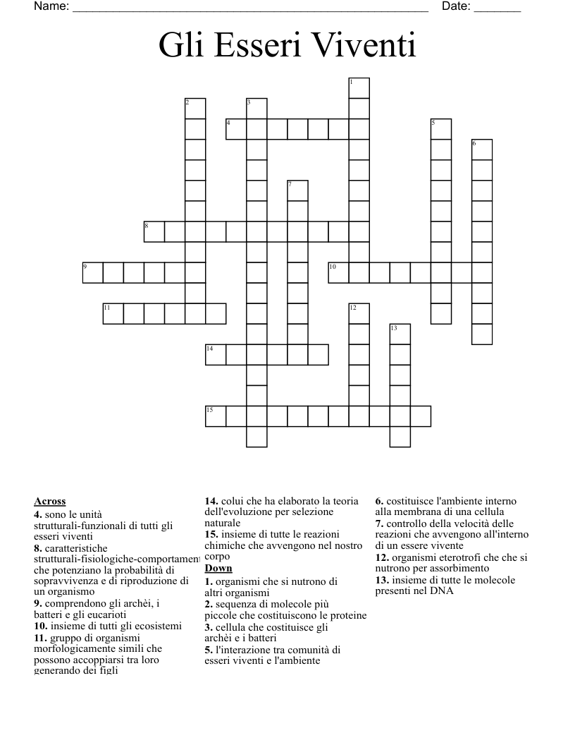 Gli Esseri Viventi  Crossword