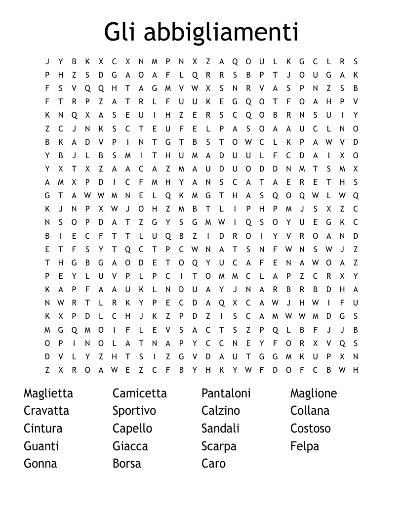 Gli abbigliamenti Word Search