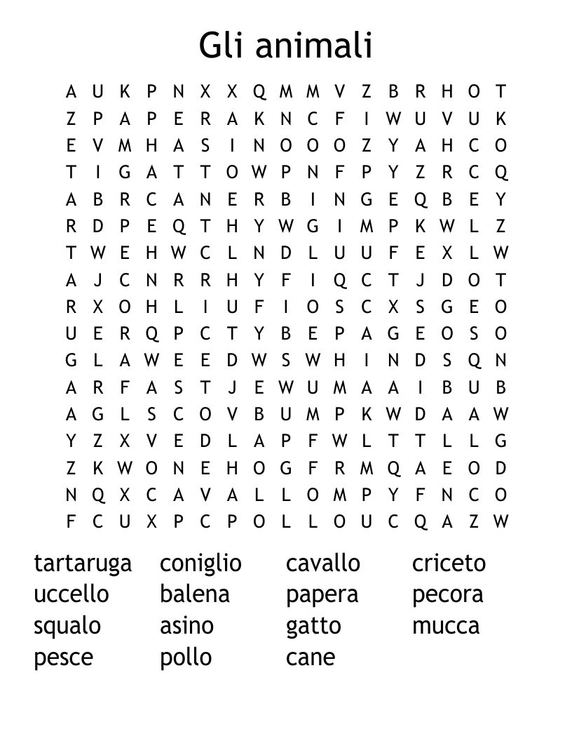 Gli animali Word Search