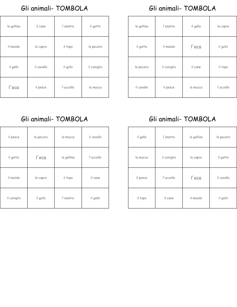 Gli animali- TOMBOLA Bingo Cards
