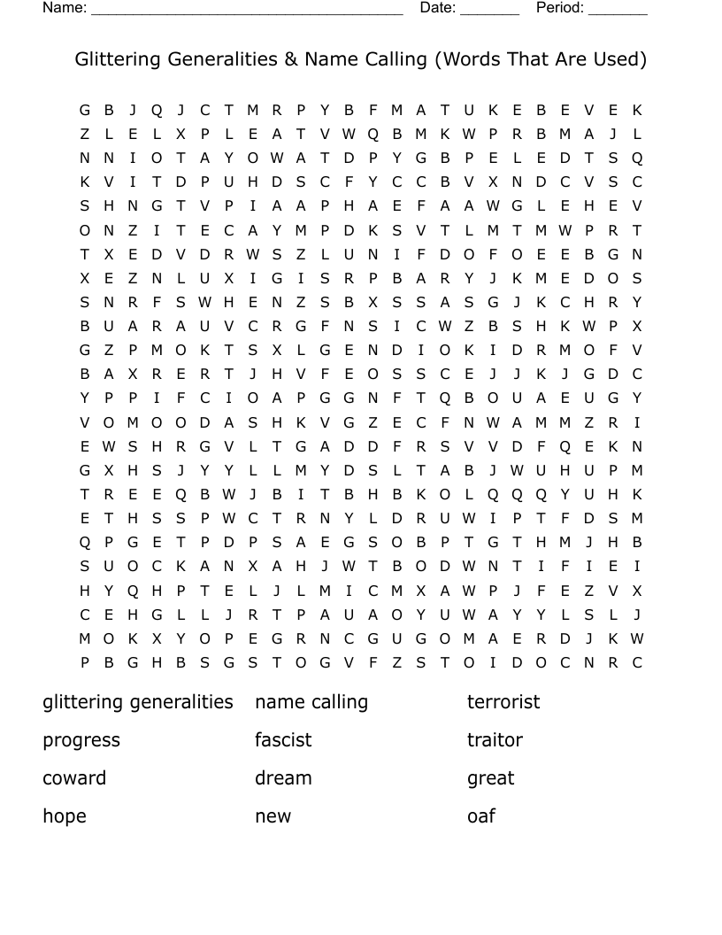 Glittering Generalities & Name Calling (Words That Are Used) Word Search