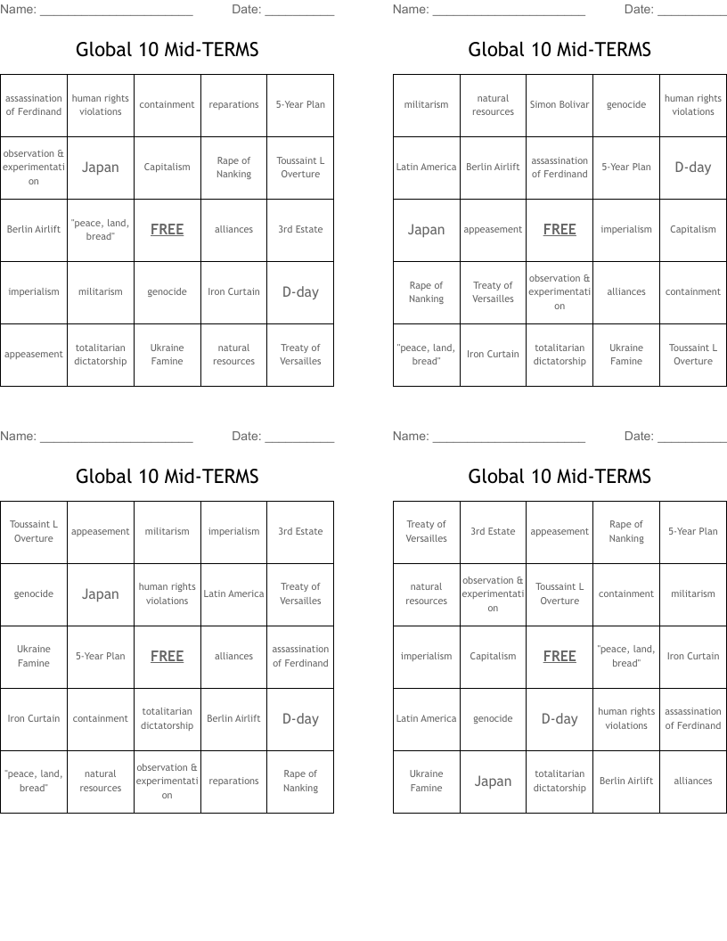 Global 10 Mid-TERMS Bingo Cards
