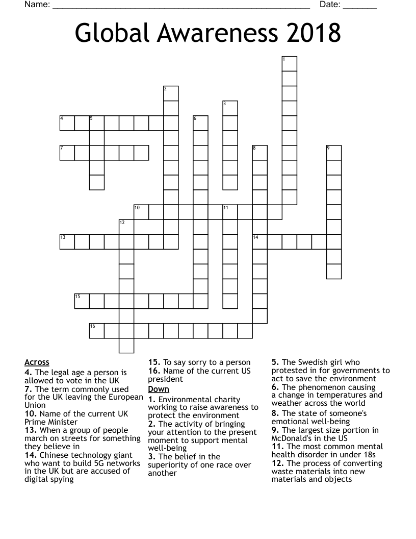 Global Awareness 2018 Crossword