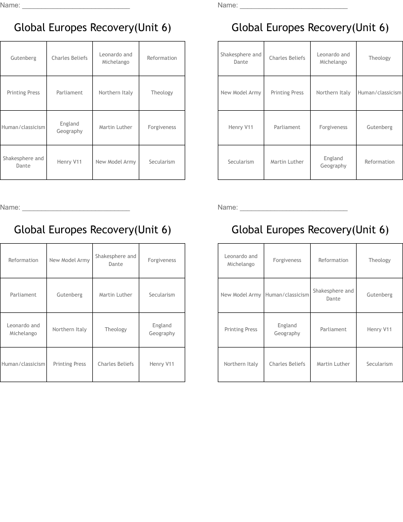 Global Europes Recovery(Unit 6) Bingo Cards