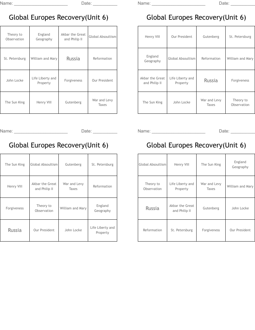 Global Europes Recovery(Unit 6) Bingo Cards