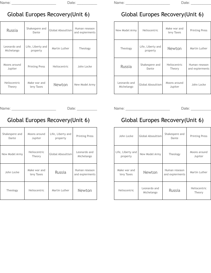 Global Europes Recovery(Unit 6) Bingo Cards