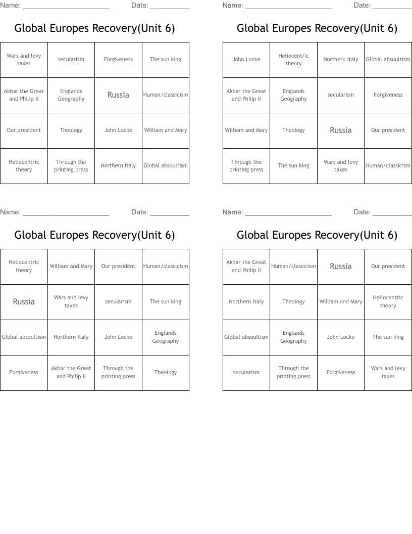 Global Europes Recovery(Unit 6) Bingo Cards
