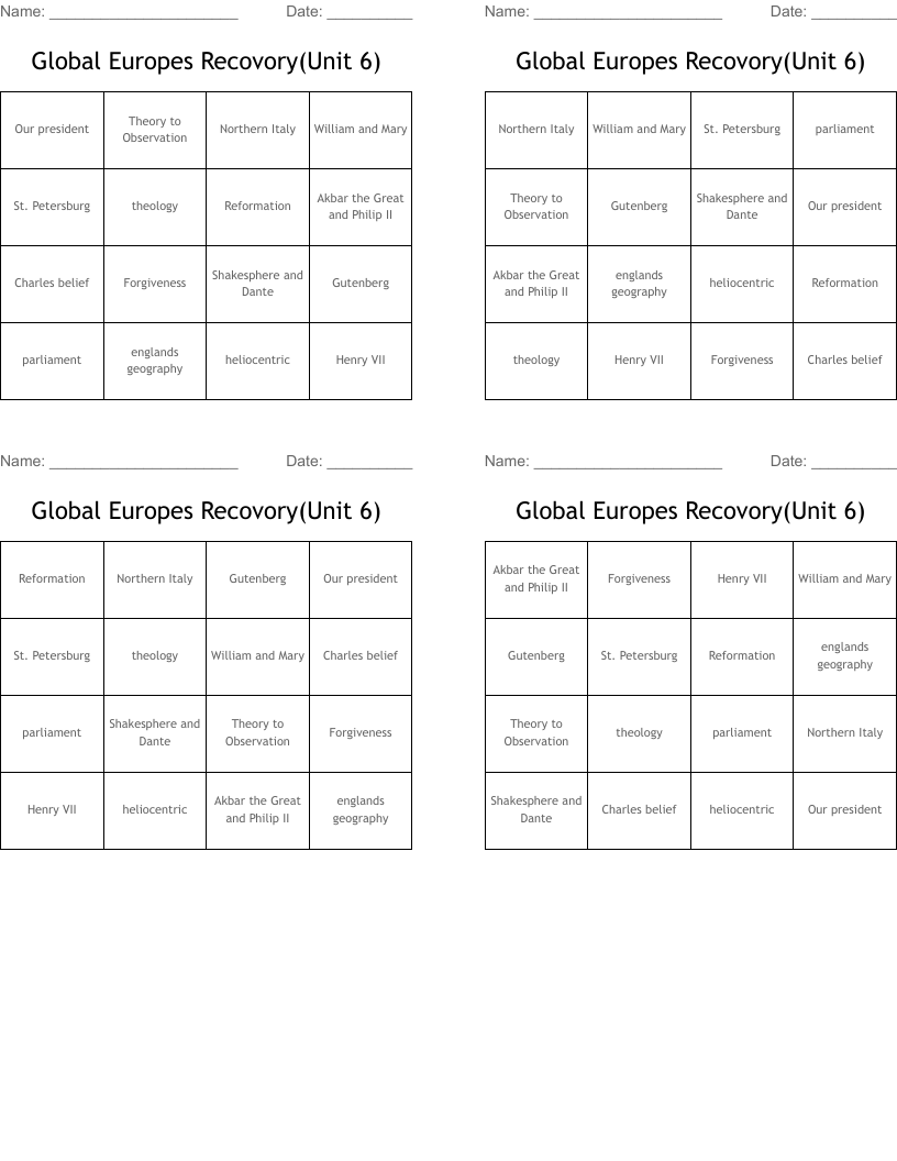 Global Europes Recovory(Unit 6) Bingo Cards