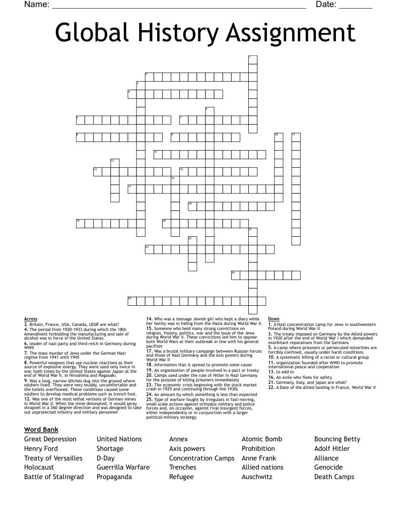Global History Assignment Crossword