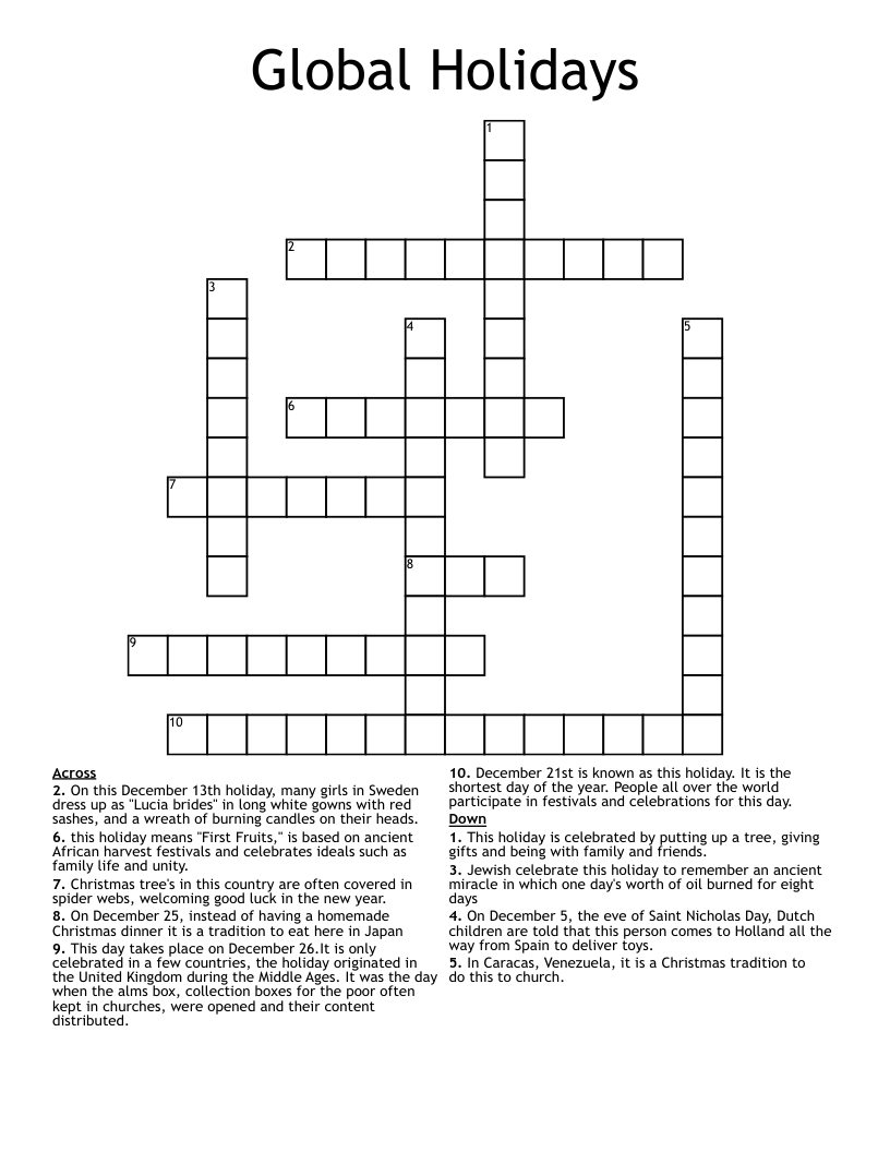 Global Holidays Crossword