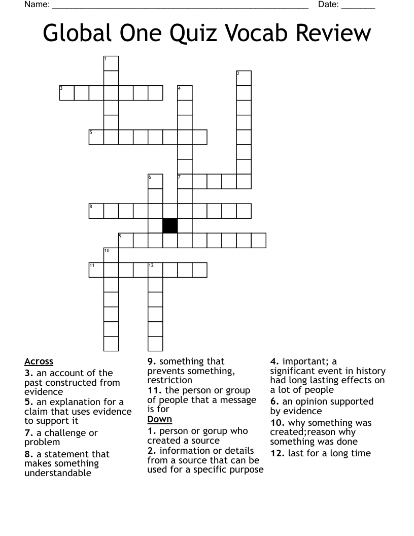 Global One Quiz Vocab Review Crossword