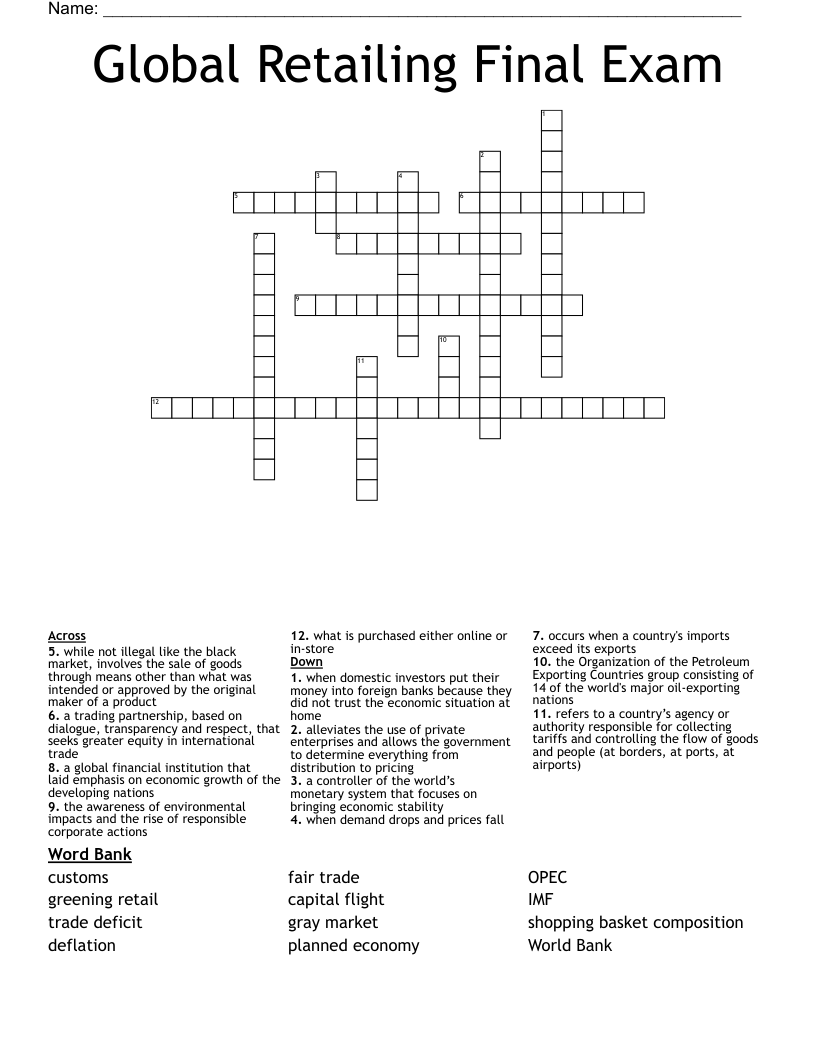 Global Retailing Final Exam Crossword
