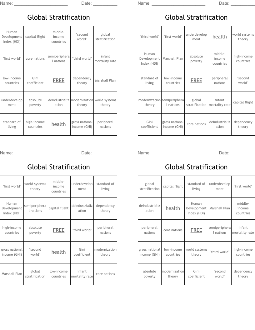 Global Stratification Bingo Cards