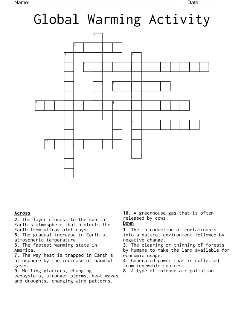 Global Warming Activity Crossword