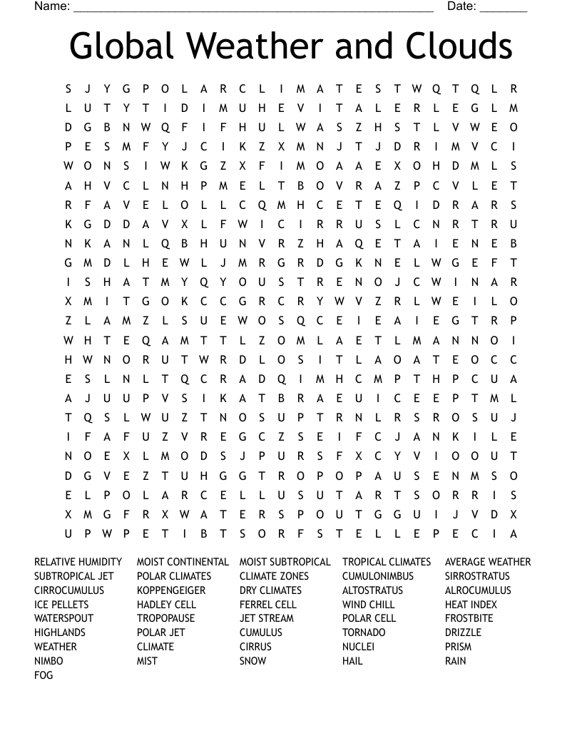 Global Weather and Clouds Word Search