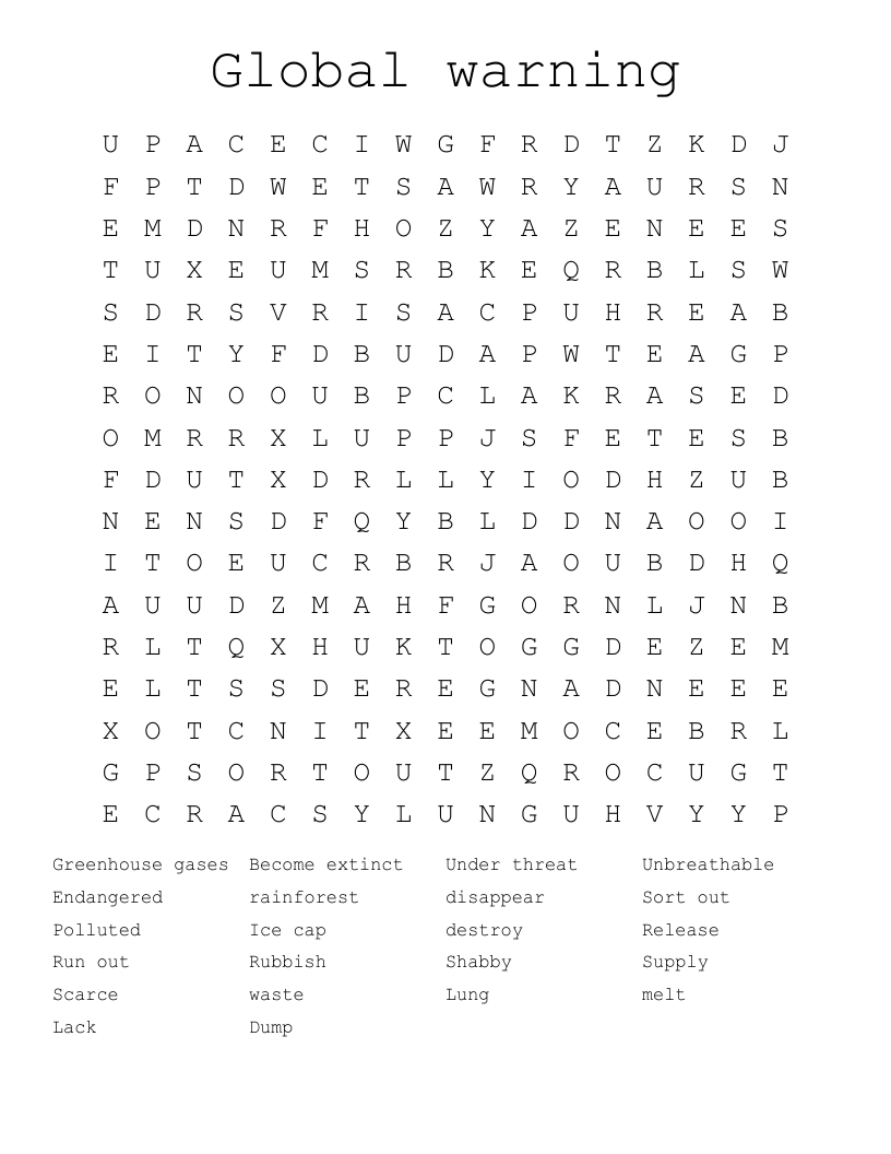 Global warning Word Search