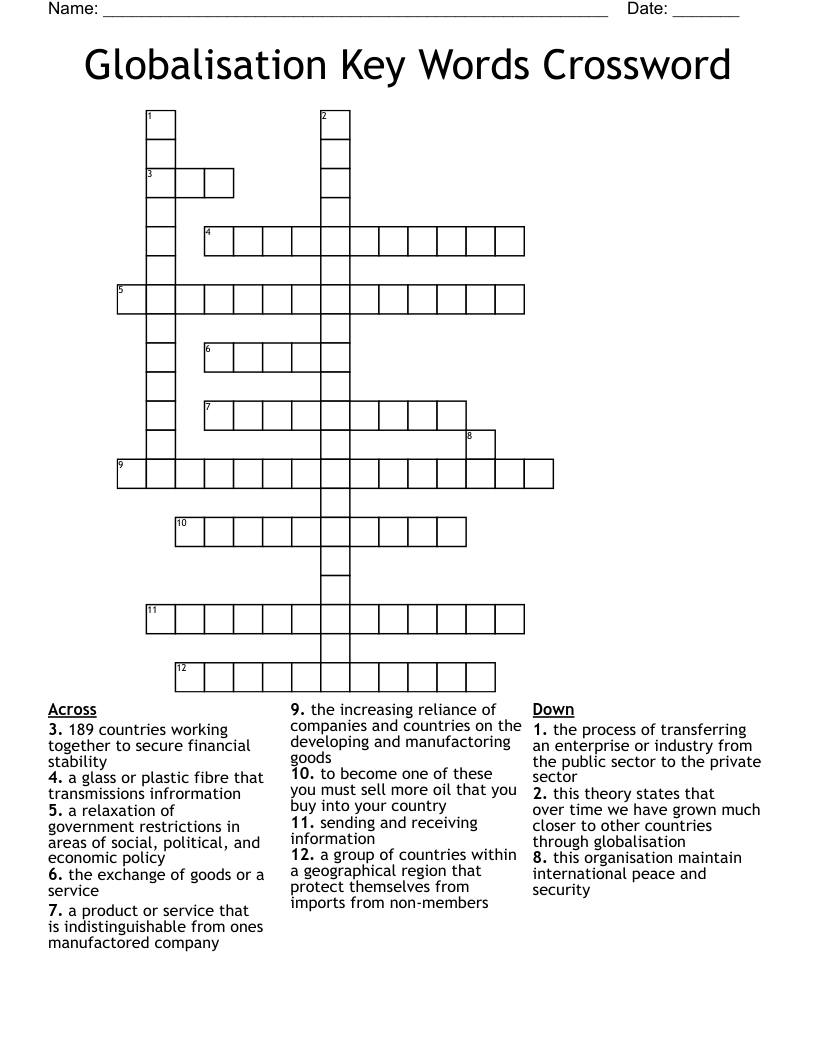 Globalisation Key Words Crossword