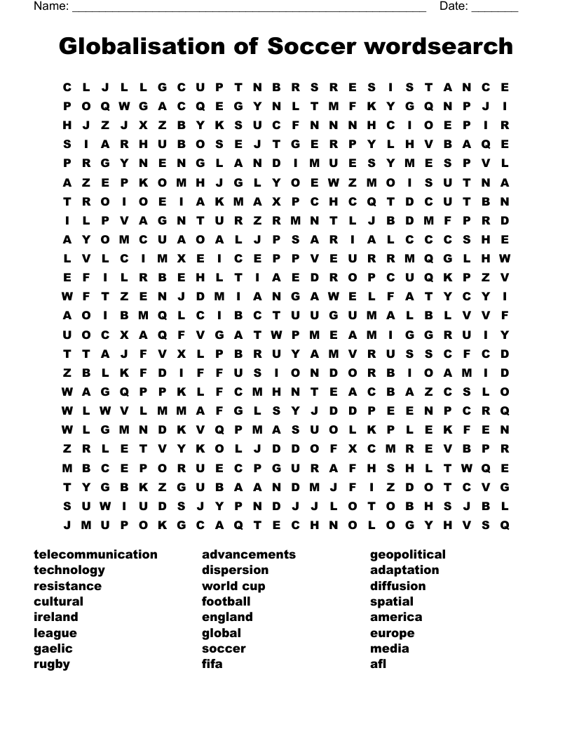 Globalisation of Soccer wordsearch