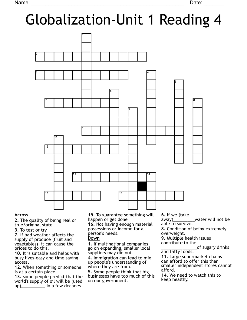 Globalization-Unit 1 Reading 4 Crossword