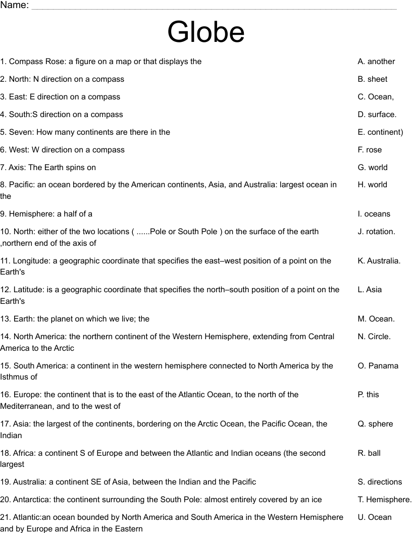 Globe Worksheet