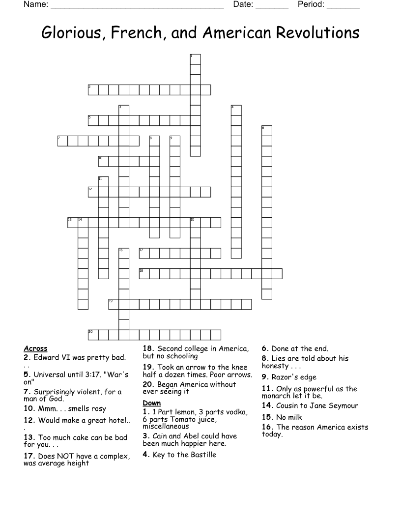 Glorious, French, and American Revolutions Crossword