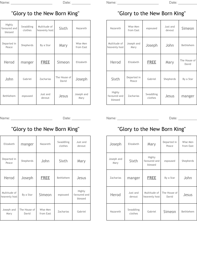 "Glory to the New Born King" Bingo Cards