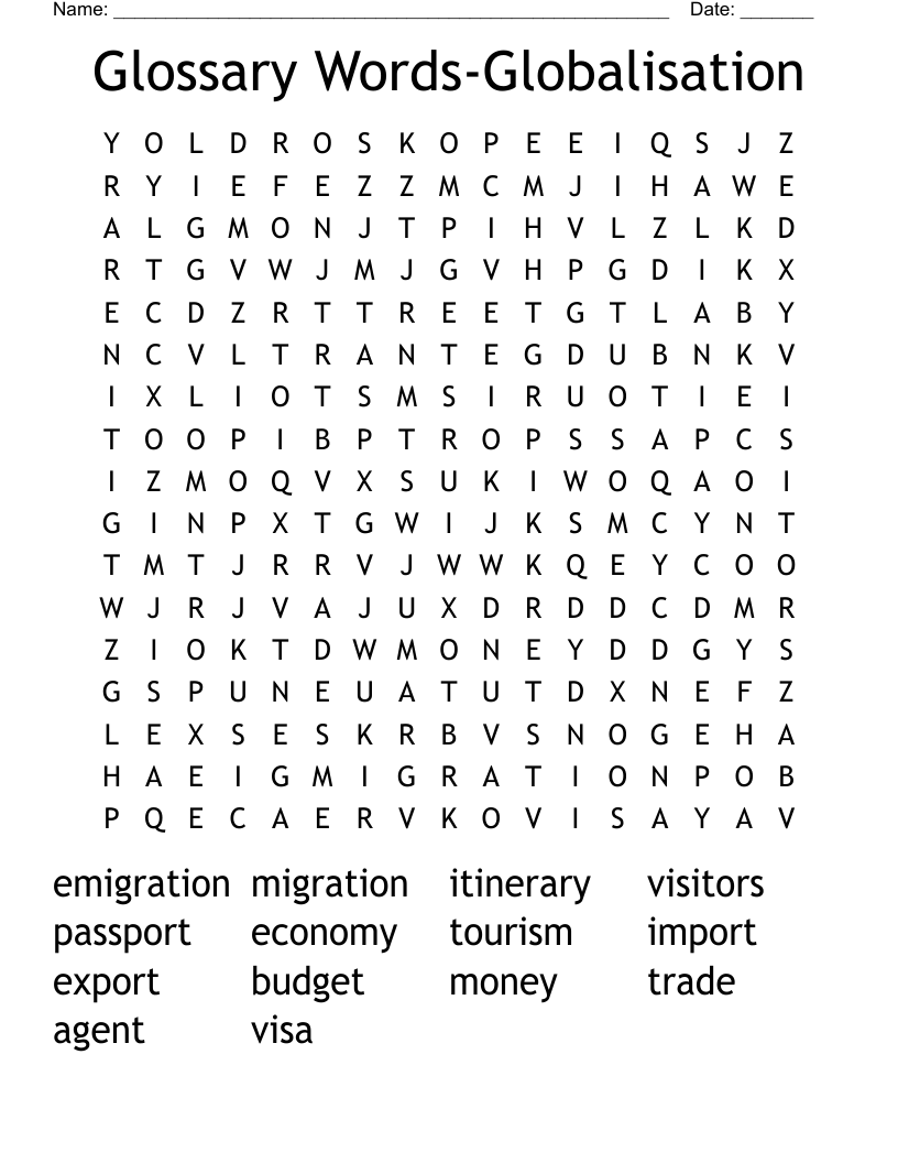 Glossary Words-Globalisation Word Search