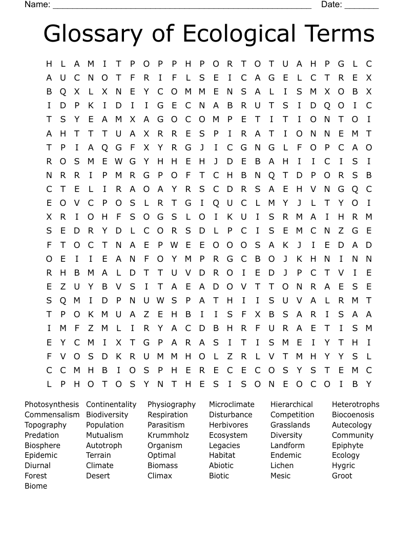 Glossary of Ecological Terms Word Search