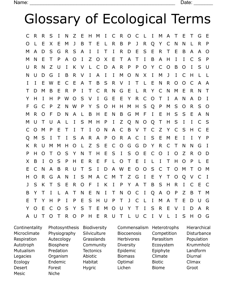 Glossary of Ecological Terms Word Search