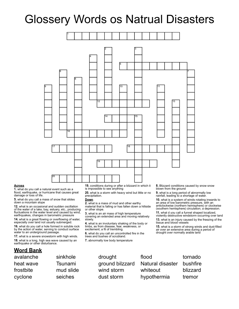 Glossery Words os Natrual Disasters Crossword