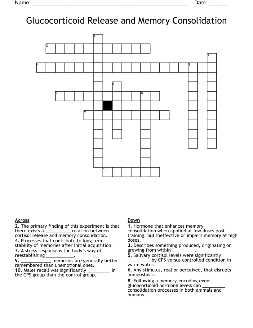 Glucocorticoid Release and Memory Consolidation Crossword