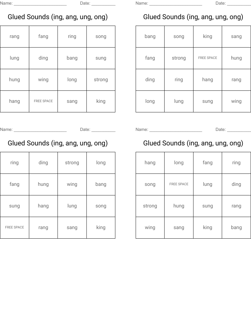 Glued Sounds (ing, ang, ung, ong) Bingo Cards