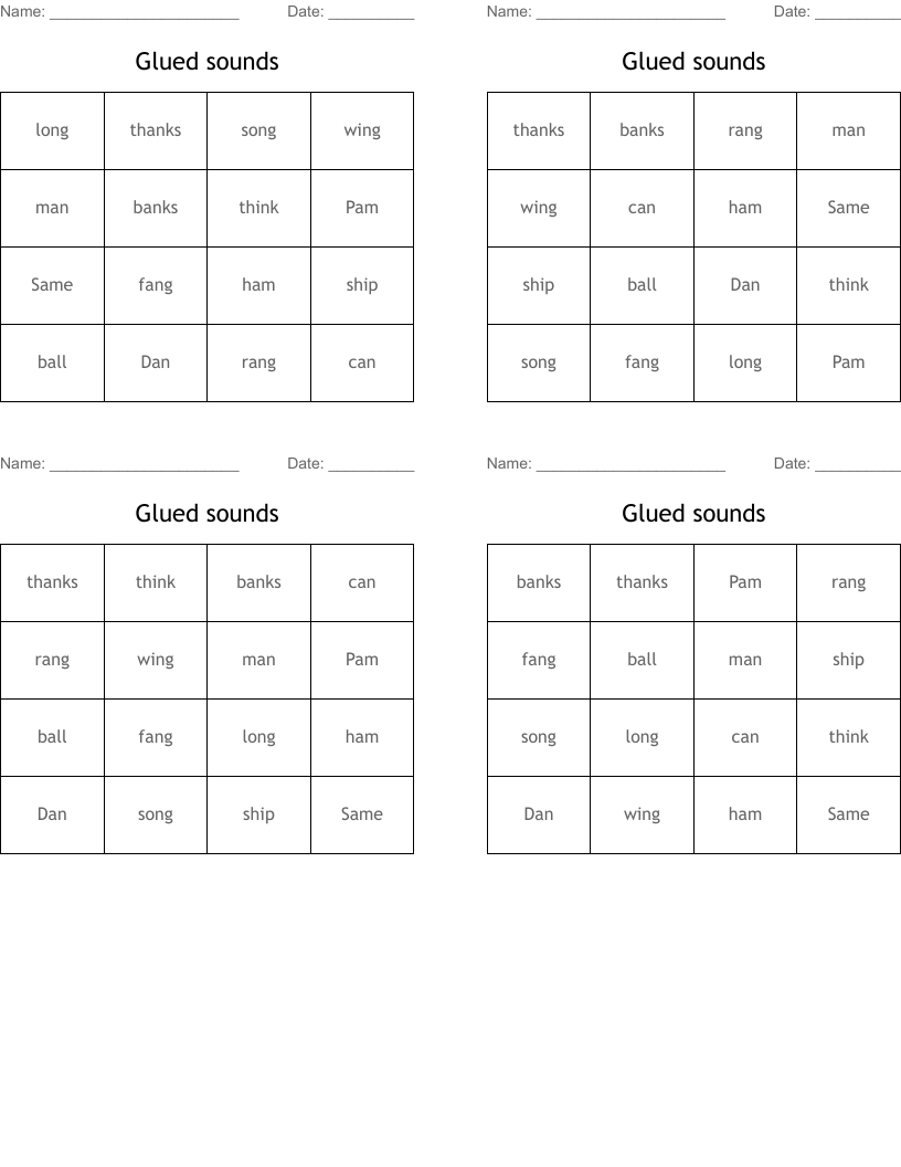 Glued sounds Bingo Cards