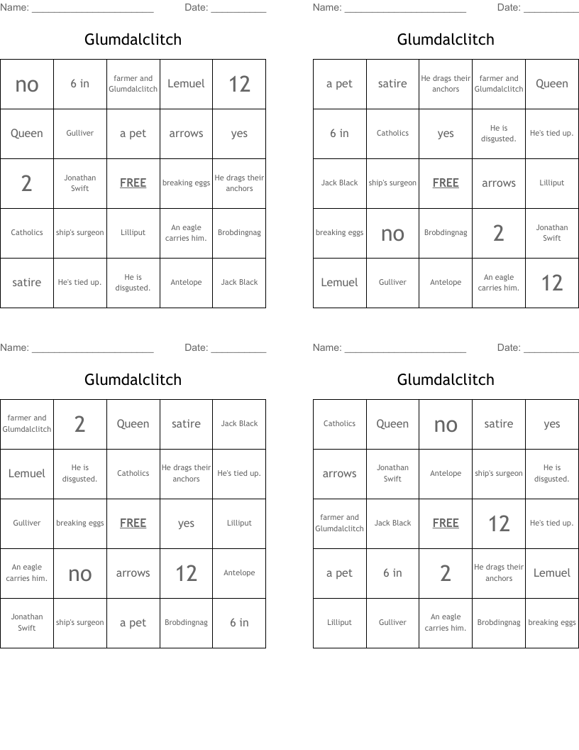 Glumdalclitch Bingo Cards