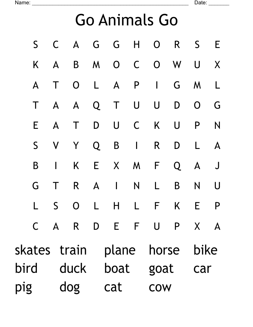 Go Animals Go Word Search