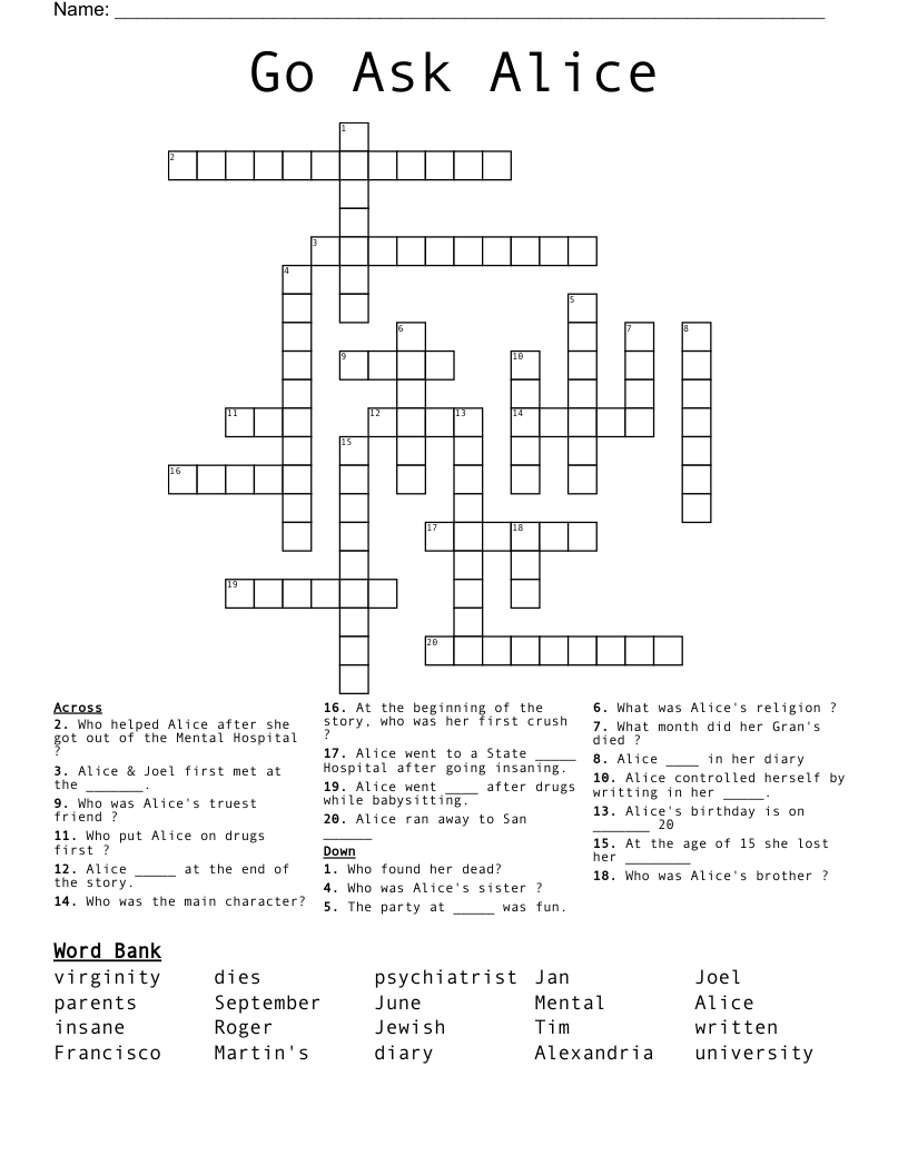 Go Ask Alice Crossword