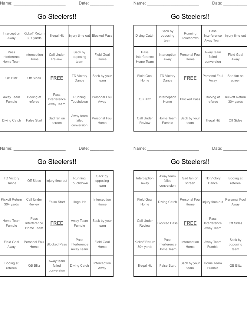 Go Steelers!! Bingo Cards