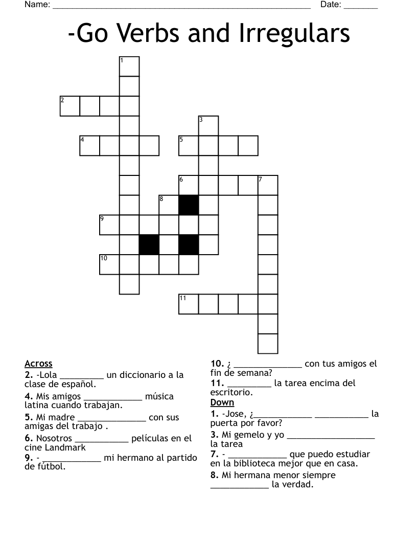 -Go Verbs and Irregulars Crossword