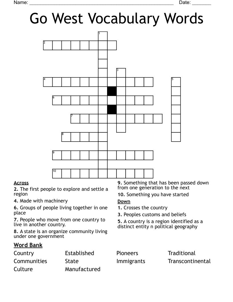Go West Vocabulary Words Crossword