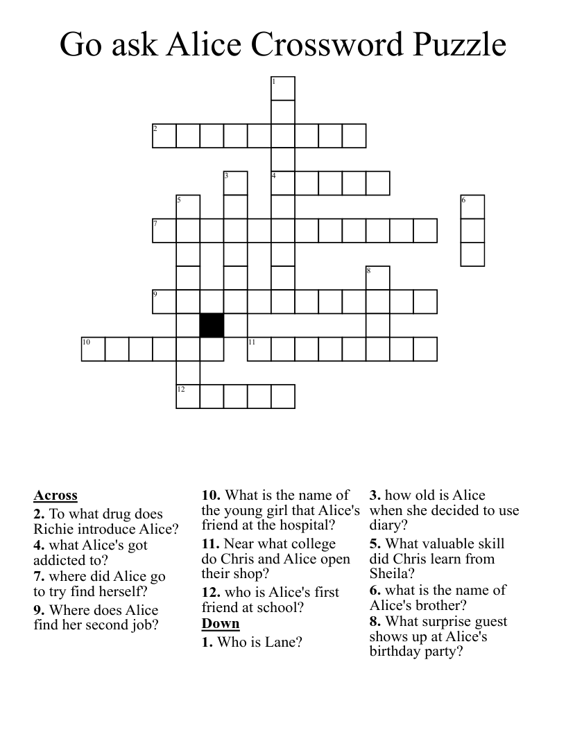 Go ask Alice Crossword Puzzle