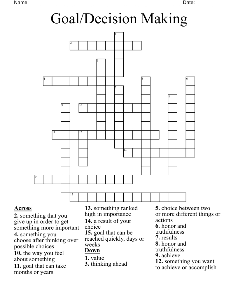 Goal/Decision Making Crossword