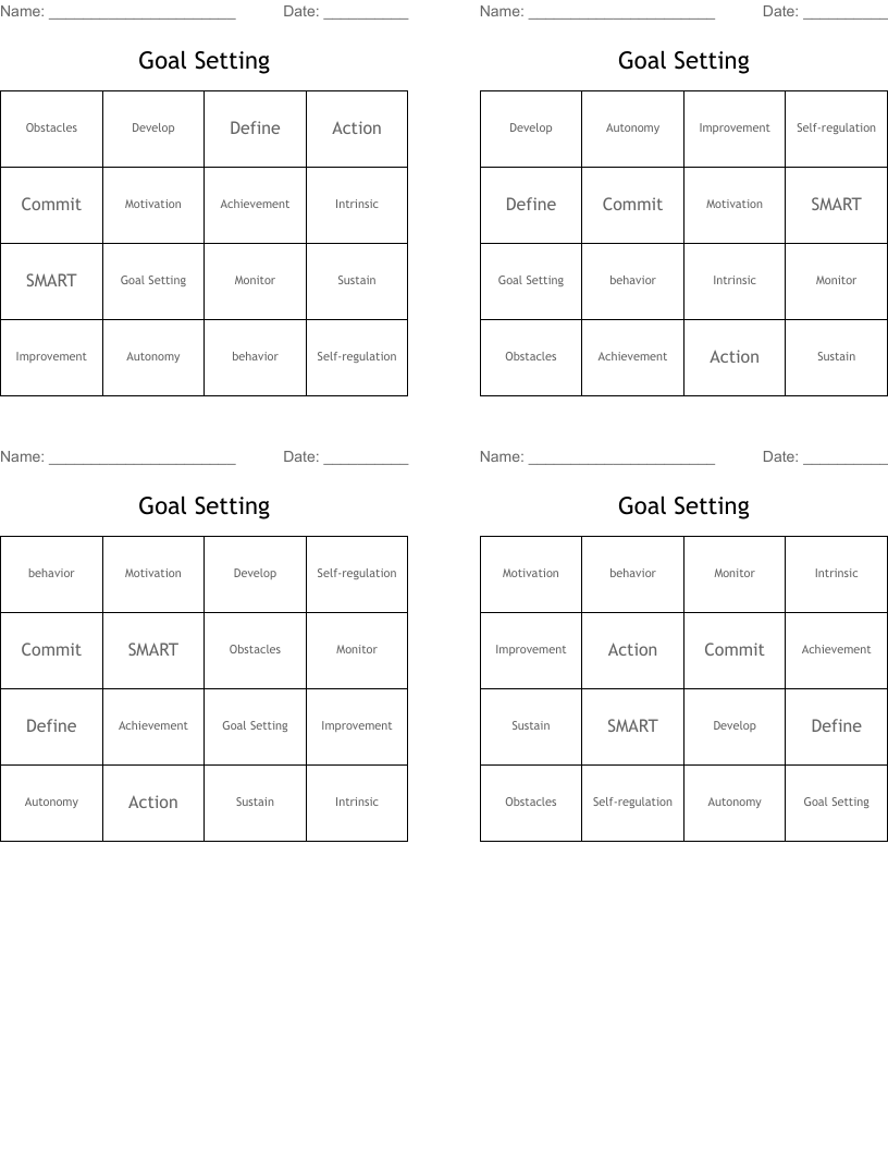 Goal Setting Bingo Cards