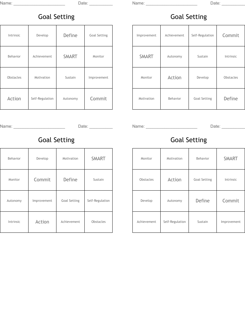Goal Setting Bingo Cards